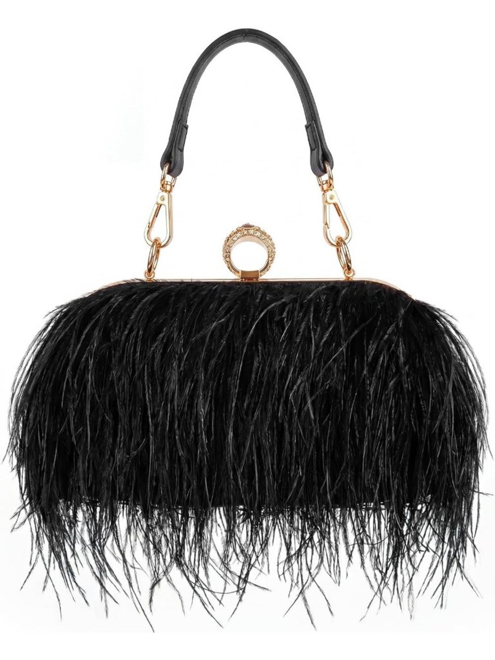 Women's Black Feather Purse Fluffy Ostrich Clasp Cocktail Evening Handbag
